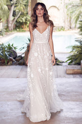 Glamorous A-Line V Neck Tulle Lace Appliques Beach Wedding Dresses