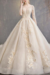 Glamorous A-Line Wedding Dress Jewel Lace 3/4 Length Sleeve Bridal Gowns Backless Court Train