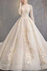 Glamorous A-Line Wedding Dress Jewel Lace 3/4 Length Sleeve Bridal Gowns Backless Court Train