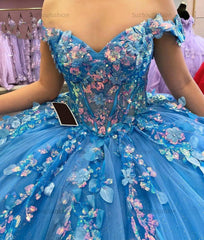 Glamorous Ball Gown Off Shoulder 3D Floral Lace Applique Beaded Lake Blue Tulle Quinceanera Dress Princess Birthday Party Gown For Sweet 16