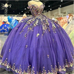 Glamorous Ball Gown Off Shoulder 3D Floral Lace Appliques Beaded Purple Tulle Quinceanera Dress Birthday Princess For Sweet 16