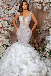 Glamorous Cap Sleeves Wedding Dress Mermaid Lace Appliqued Bridal Gown With Ruffles