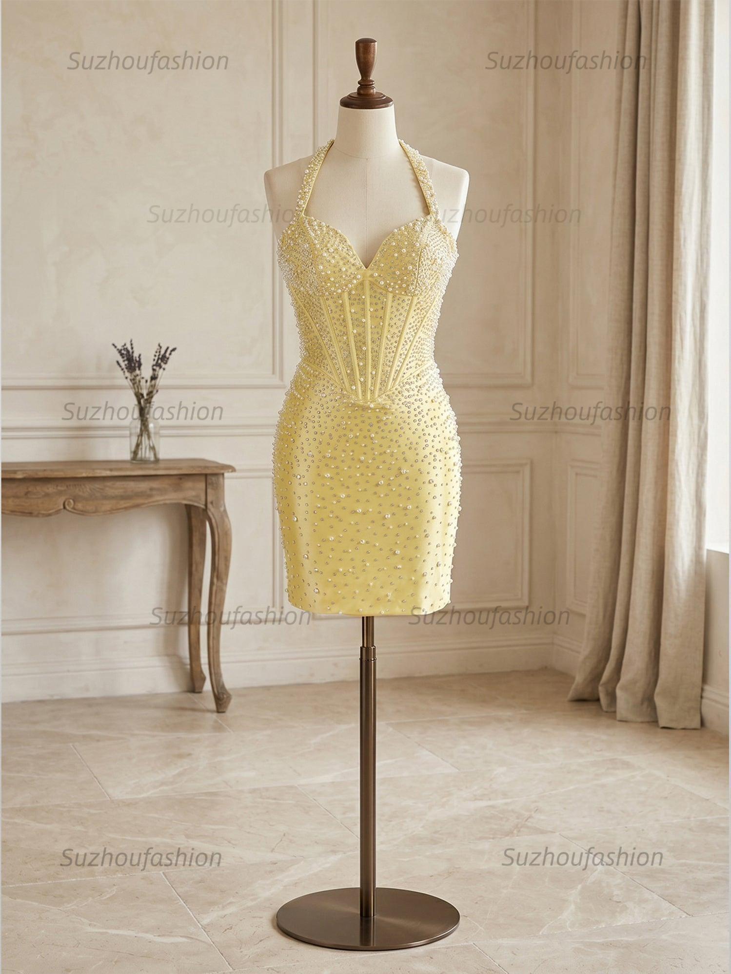 Glamorous Champagne Pearl Beaded Corset Short Homecoming Dress