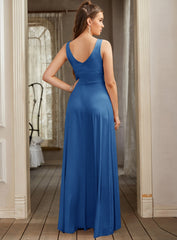 Glamorous Deep V-Neck Sleeveless Floor-Length A-Line Prom Dresses with Slit