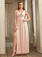 Glamorous Deep V-Neck Sleeveless Floor-Length A-Line Prom Dresses with Slit