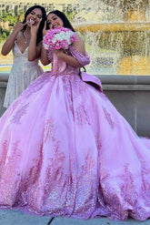 Glamorous & Glitter Ball Gown Off Shoulder Lace Applique Beaded Purple Tulle Quinceanera Dress Princess Party Gown For Sweet 16