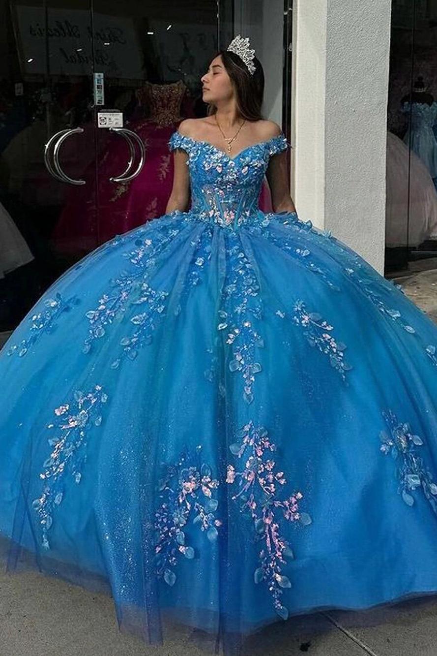 Glamorous & Gorgeous Ball Gown Off Shoulder Beaded Lace Appliques Blue Tulle Quinceanera Dress Birthday Evening Party Dresses For Sweet 16 Glamorous & Gorgeous Ball Gown Off Shoulder Beaded Lace Appliques Blue Tulle Quinceanera Dress Birthday Evening Party Dresses For Sweet 16