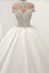 Glamorous High Neck Crystal Wedding Dresses | Short Sleeves Sheer Tulle Bridal Ball Gown