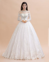 Glamorous Jewel Tulle Lace Wedding Dress | Long Sleeves Appliques Beadings Bridal Gowns