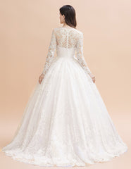 Glamorous Jewel Tulle Lace Wedding Dress | Long Sleeves Appliques Beadings Bridal Gowns