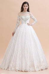 Glamorous Jewel Tulle Lace Wedding Dress | Long Sleeves Appliques Beadings Bridal Gowns