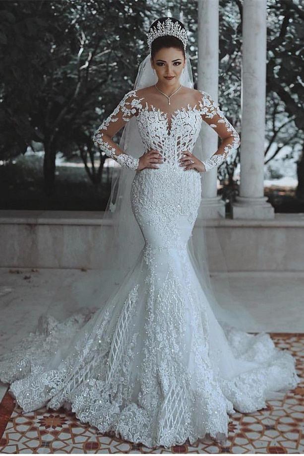 Glamorous Long Sleeve Lace Wedding Dress Mermaid Designer Bridal Gowns Online | Suzhoufashion Glamorous Long Sleeve Lace Wedding Dress Mermaid Designer Bridal Gowns Online | Suzhoufashion