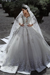 Glamorous Long Sleeves Tulle Appliques Wedding Dresses Crystal Bridal Ball Gowns with Bow BA7970