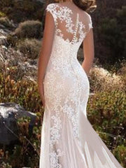 Glamorous Mermaid Beach Wedding Dress Jewel Lace Tulle Sleeveless Bridal Gowns with Chapel Train