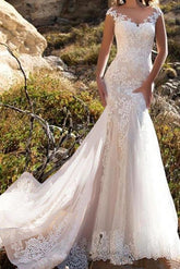 Glamorous Mermaid Beach Wedding Dress Jewel Lace Tulle Sleeveless Bridal Gowns with Chapel Train