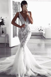 Glamorous Mermaid Deep v-Neck Beach Wedding Dresses | Sleeveless Tulle Appliques Bridal Gowns