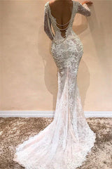 Glamorous Mermaid Long Sleeves Beach Wedding Dresses | Lace V-Neck Crystal Evening Dress