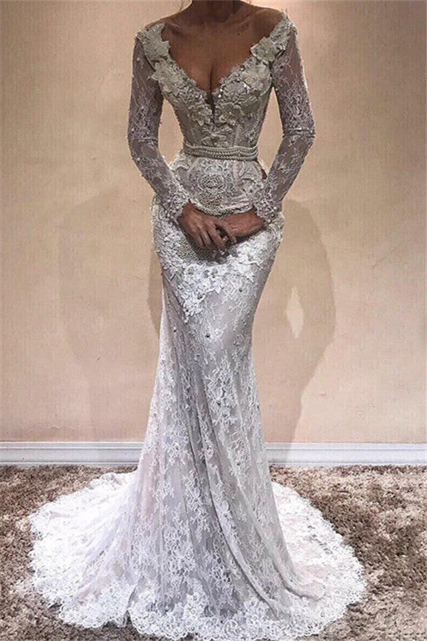 Glamorous Mermaid Long Sleeves Beach Wedding Dresses | Lace V-Neck Crystal Evening Dress