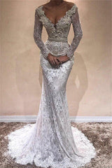 Glamorous Mermaid Long Sleeves Beach Wedding Dresses | Lace V-Neck Crystal Evening Dress