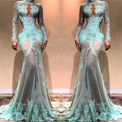 Glamorous Mermaid Long Sleeves Evening Dresses | High Neck Sheer Appliques Prom Dresses
