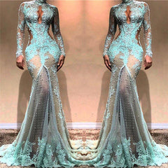 Glamorous Mermaid Long Sleeves Evening Dresses | High Neck Sheer Appliques Prom Dresses