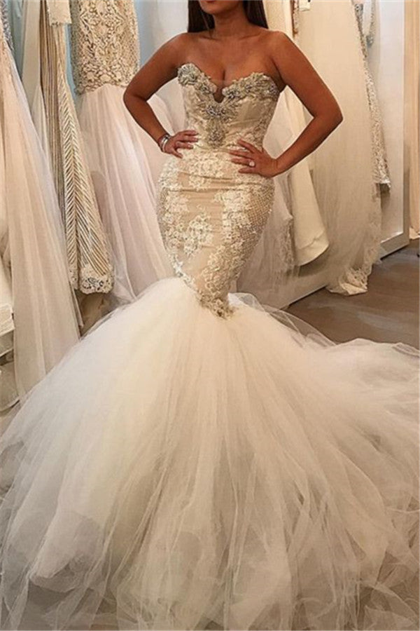 mermaid wedding dress with crystals Glamorous Mermaid Tulle Sexy Wedding Dresses | Lace Sweetheart Crystal Bridal Gowns