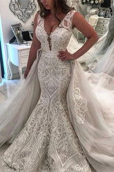 Glamorous Mermaid Wedding Dress Lace Sleeveless Over skirt Bridal Gowns Online