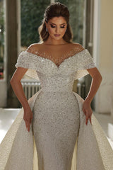 Glamorous Mermaid Wedding Dresses Beaded Off the Shoulder Bridal Gowns with Detachable Train