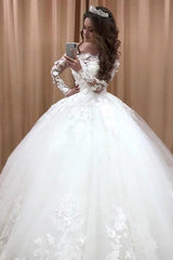 Glamorous Off Shoulder Long Sleeves Wedding Dresses | Lace Flowers Bridal Ball Gown