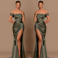 Glamorous One Shoulder Prom Dress Green Mermaid Satin Formal Dress With Split