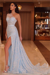 Glamorous One Shoulder Sleeveless Pleated Split Long Evening Formal Dress With Beadings