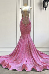 Glamorous Pink Sequined Sleeveless Straps Long Beading Mermaid Prom Dresses