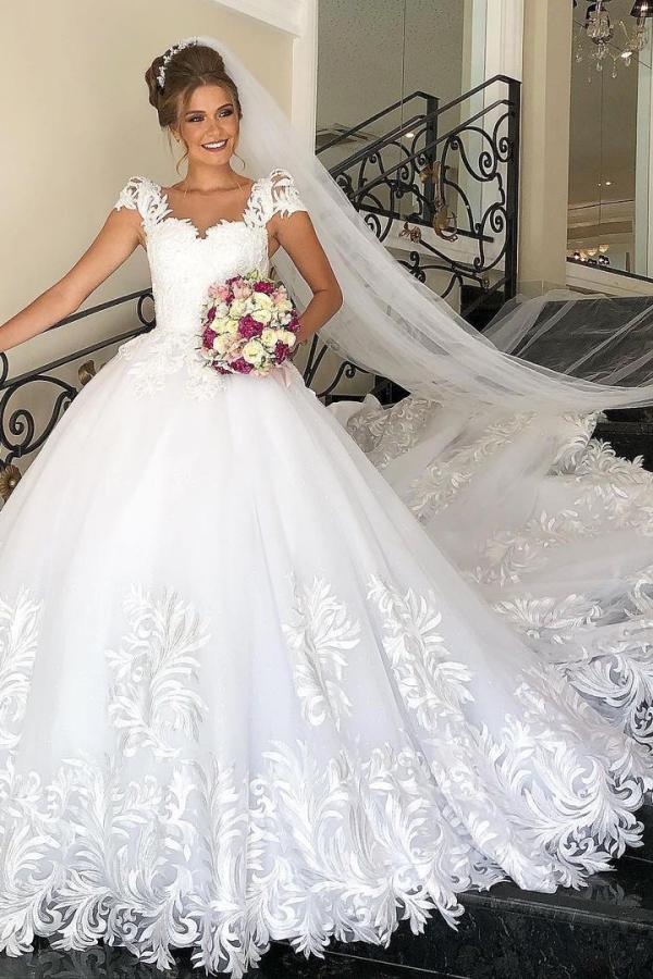 Glamorous Short Sleeves Tulle Lace Appliques Wedding Dresses Long