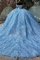 Glamorous & Sparkly Ball Gown Boat Neck Sleeveless Lace Up Sweep Train Beaded Pleated Sequins Lace Appliques Sky Blue Tulle Quinceanera Dress Formal Birthday Party Gown For Sweet 16
