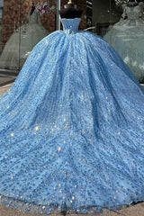 Glamorous & Sparkly Ball Gown Boat Neck Sleeveless Lace Up Sweep Train Beaded Pleated Sequins Lace Appliques Sky Blue Tulle Quinceanera Dress Formal Birthday Party Gown For Sweet 16
