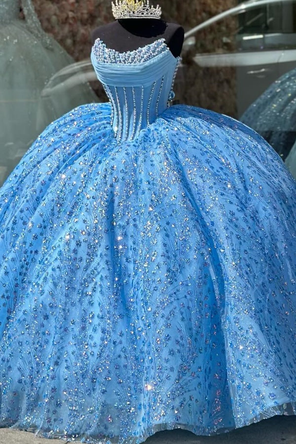 Glamorous & Sparkly Ball Gown Boat Neck Sleeveless Lace Up Sweep Train Beaded Pleated Sequins Lace Appliques Sky Blue Tulle Quinceanera Dress Formal Birthday Party Gown For Sweet 16