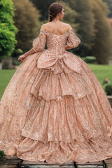 Glamorous & Sparkly Ball Gown Off Shoulder Half Sleeves 3D Butterfly Appliques Glitter Rose Gold Tulle Quinceanera Dress Birthday Party Dress For Sweet 16