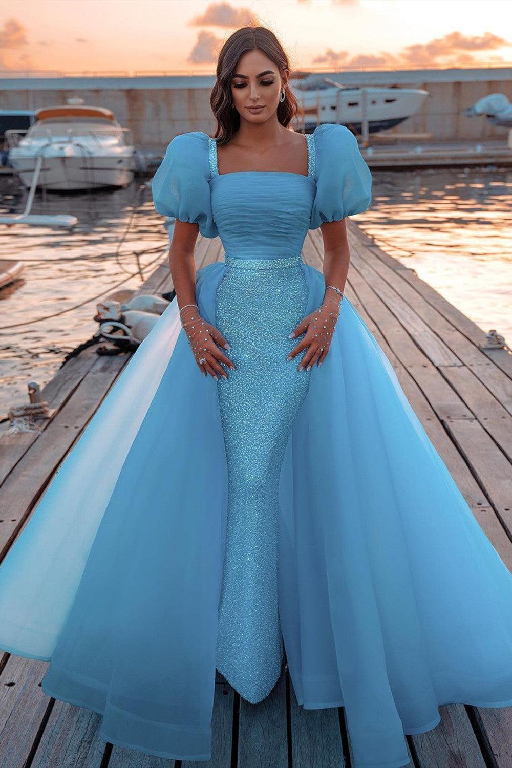 Glamorous Tulle Lake Blue Sequins Mermaid Prom Dresses with Detachable Skirt | Suzhoufashion Glamorous Tulle Lake Blue Sequins Mermaid Prom Dresses with Detachable Skirt | Suzhoufashion