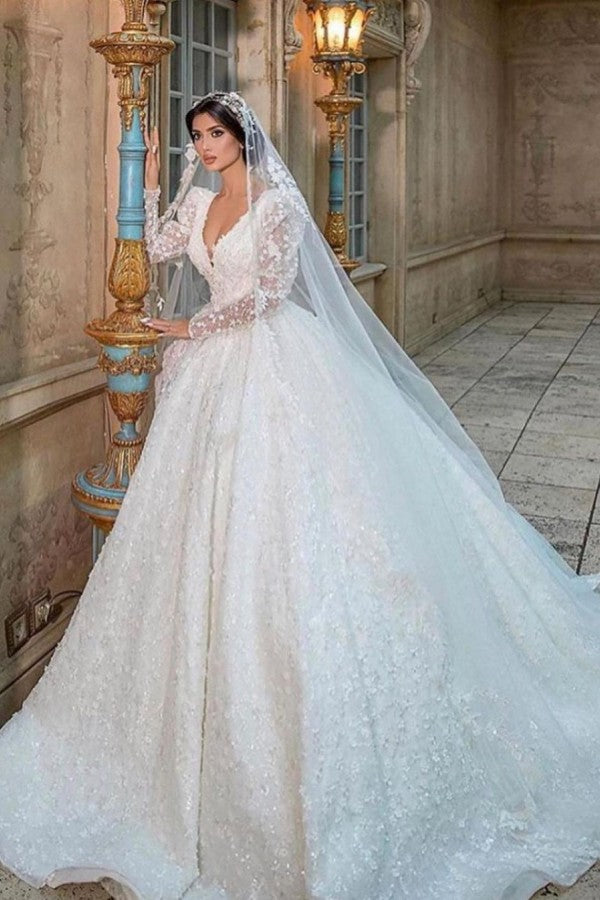 Glamorous V-Neck Long Sleeves A-Line Princess Bridal Dress with Sweep Train | Suzhoufashion Glamorous V-Neck Long Sleeves A-Line Princess Bridal Dress with Sweep Train | Suzhoufashion
