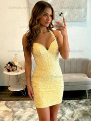 Glamorous Yellow Pearl Beaded Corset Short Homecoming Dresses