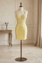 Glamorous Yellow Pearl Beaded Corset Short Homecoming Dresses