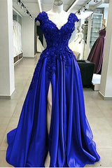 Glamourous Chiffon Dark Blue Split Prom Dresses|Lace Appliques Evening Dresses
