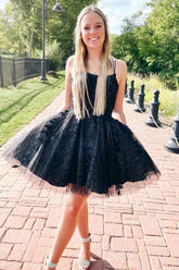 Glitter Black Homecoming Dresses A-Line Tulle Short Cocktail Dresses with Lace