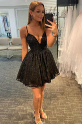 Glitter Black Homecoming Dresses Lace Sequin Prom Dress