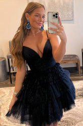 Glitter Blue Homecoming Dresses A-Line Tulle Tiered Short Cocktail Dresses