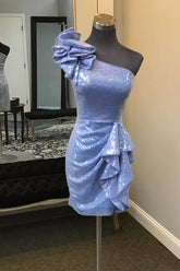 Glitter Blue Homecoming Dresses Sequin One Shoulder Tiered Prom Dress