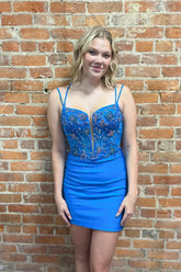 Glitter Blue Homecoming Dresses Spaghetti Straps Corset Tight Short Beaded Prom Dress