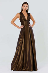 Suzhoufashion Glitter Brown A-Line Deep V-Neck Pleated Long Prom Dress