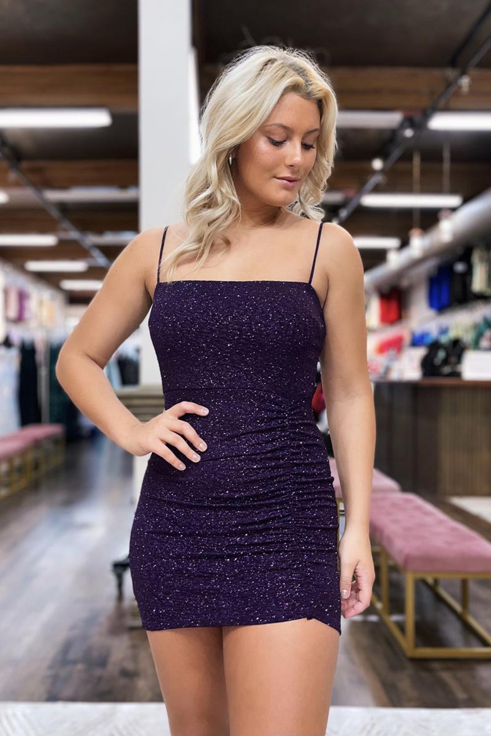 Glitter Dark Purple Homecoming Dresses Sequin Spaghetti Straps Tight Short Cocktail Dresses