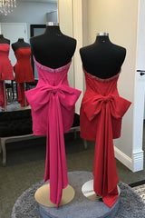 Glitter Fuchsia Homecoming Dresses Beaded Strapless Bodycon Short Cocktail Dresses With Bow
